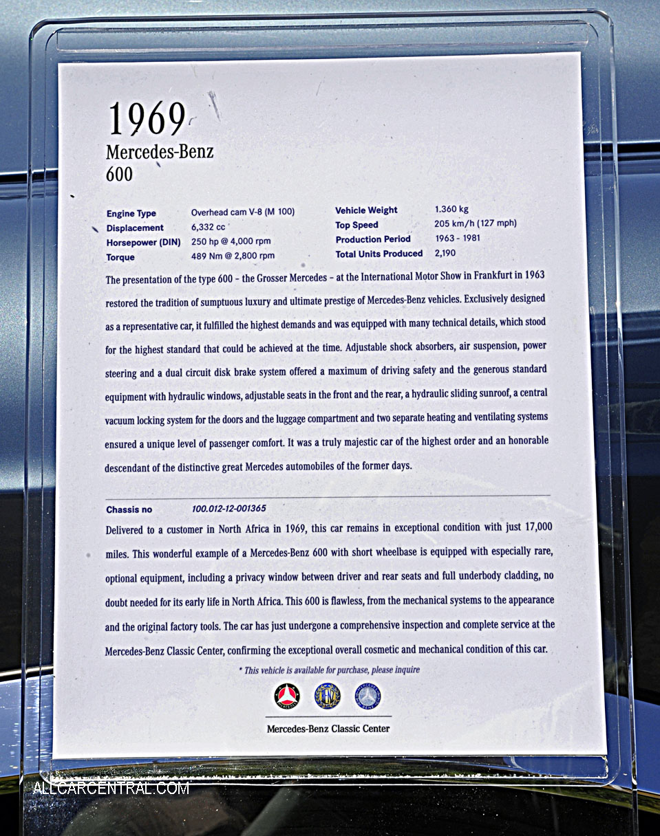  Mercedes-Benz 600 sn-100.012-12-001365 1969 2013 Monterey CA 2012 